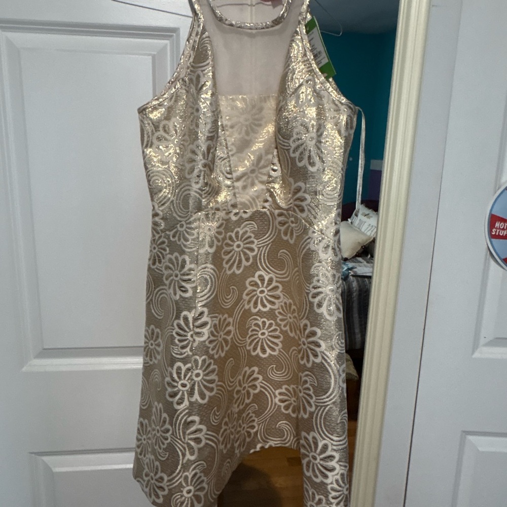 NWT Lilly Pulitzer Elegant Floral Mini Dress in Gold and Cream. Fully lined!